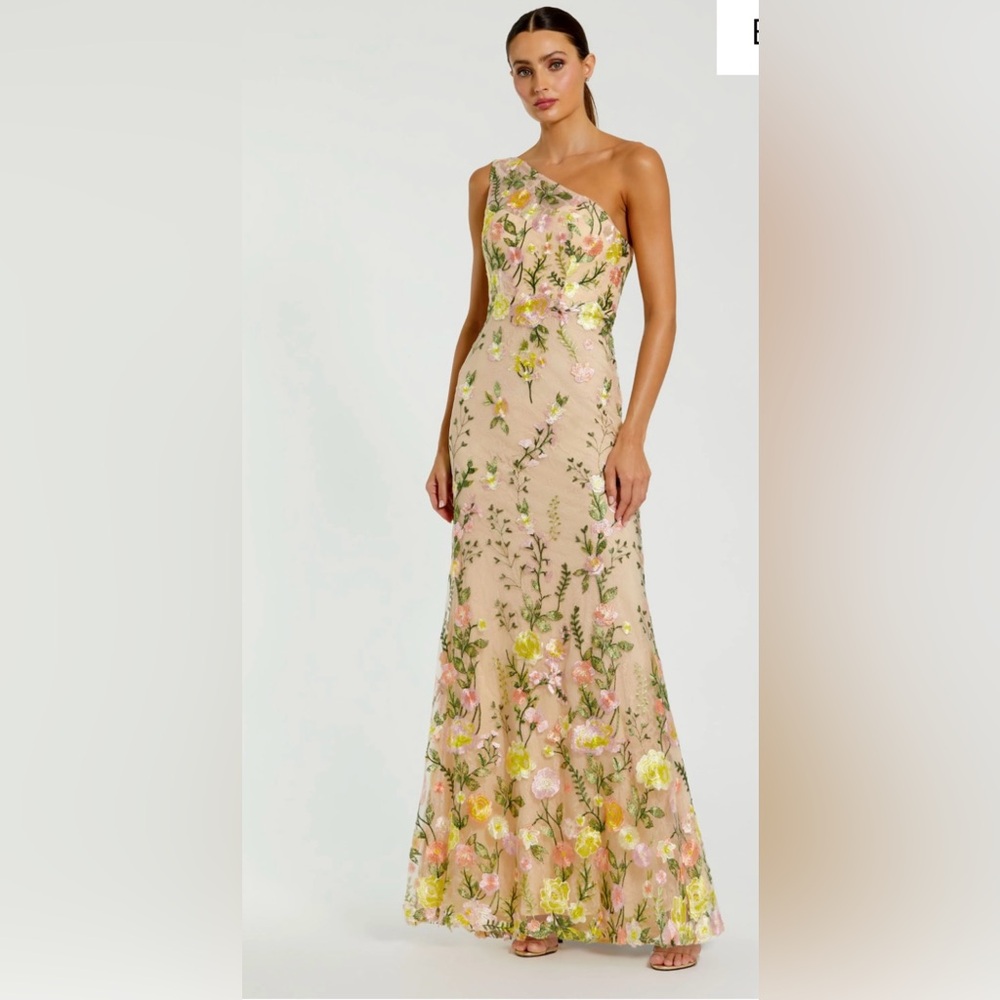 MAC DUGGAL 68606 NWT Womens Nude One Shoulder Lace Embroidered Gown